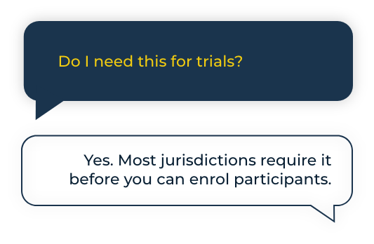 Do I need this for trials? Yes. Most jurisdictions require it before you can enrol participants.